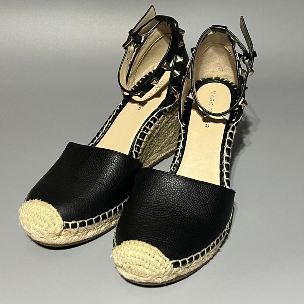 Marc Fisher Sakti Espadrille Sandal Black Studded Wedge Sandals Size 7 Leather